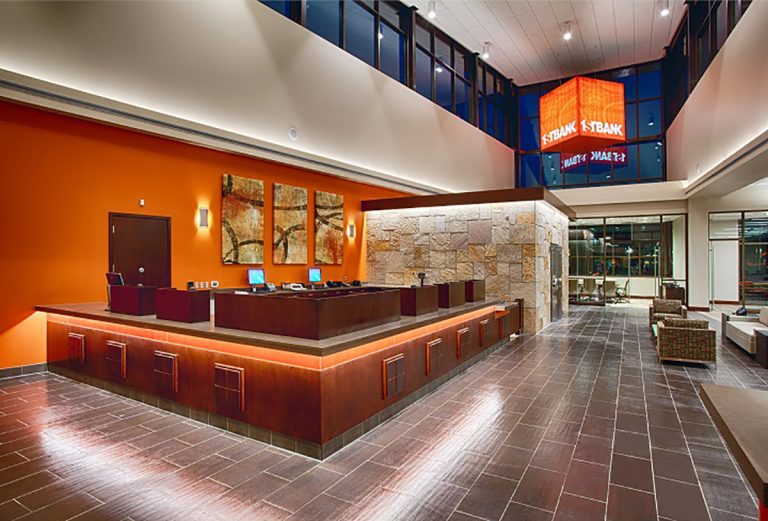 Interior FirstBank reception area at Speer & Broadway location in Denver, CO. Prime consulting for project by 360 Engineering.