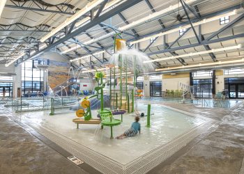 Splash pad area at Waggener Rec Center in Berthoud, CO. Features mechanical engineering's HVAC systems.