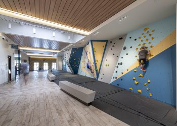 Rock climbing wall at Waggener Berthoud Recreation Center in Larimer County, Colorado.